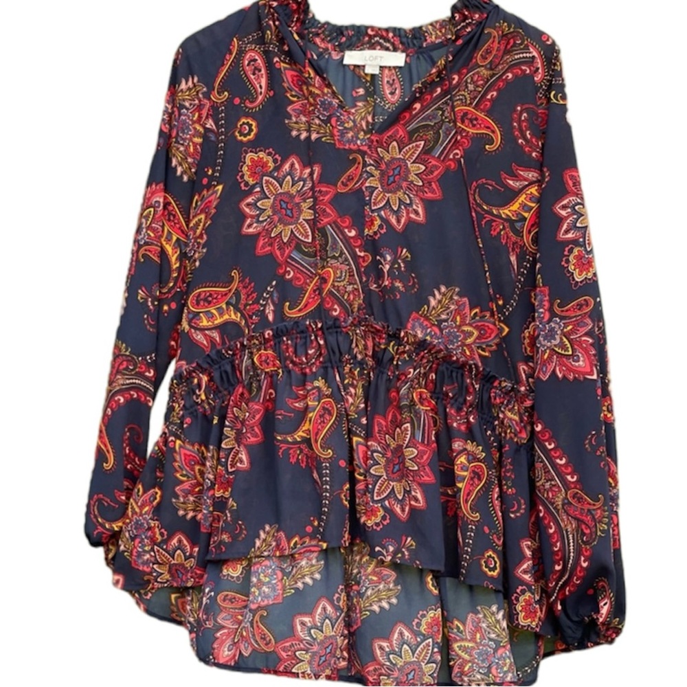 Loft Blouse Long Puff Sleeve Large Asymmetric Ruffle Peplum Rich Paisley Pattern
